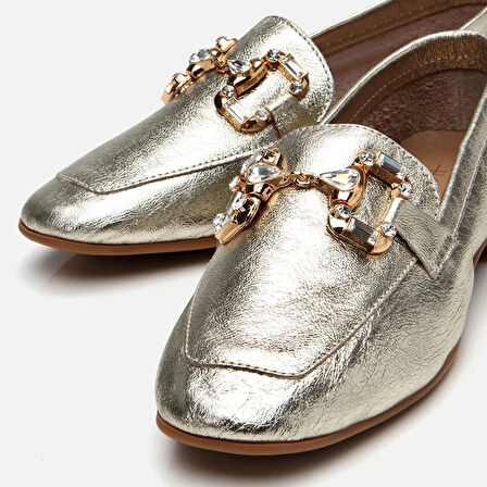 Hakiki Deri Gold Kadın Tokalı Loafer