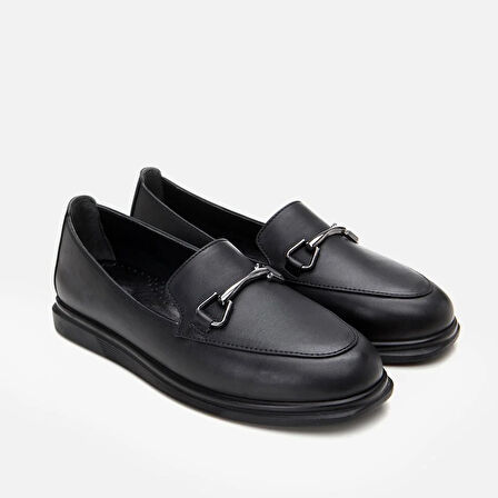 Hakiki Deri Siyah Kadın Tokalı Loafer
