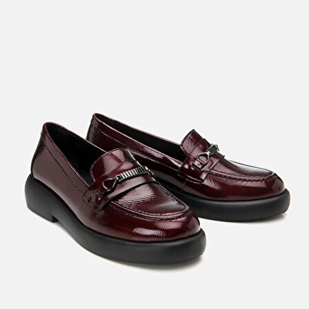Hakiki Deri Bordo Kadın Tokalı Loafer