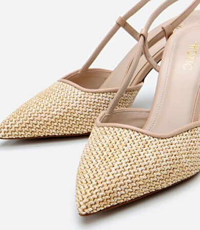 Kadın Bej Hasır Detaylı Arkası Açık Stiletto