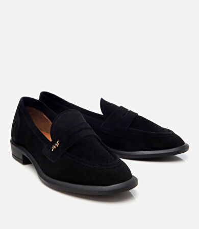 Kadın Süet Deri Siyah Esnek Tabanlı  Klasik Loafer