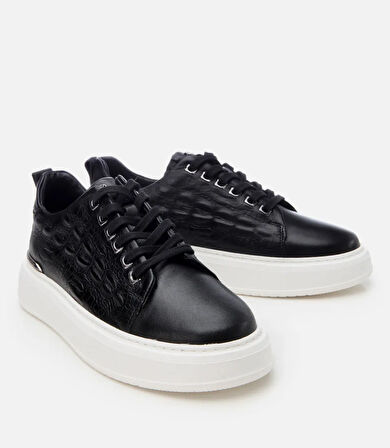 Erkek Deri Siyah Ultra Hafif Tabanlı Spor Ayakkabı