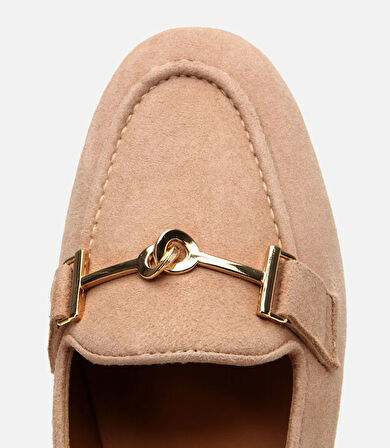 Kadın Süet Deri Bej Tokalı Klasik Loafer