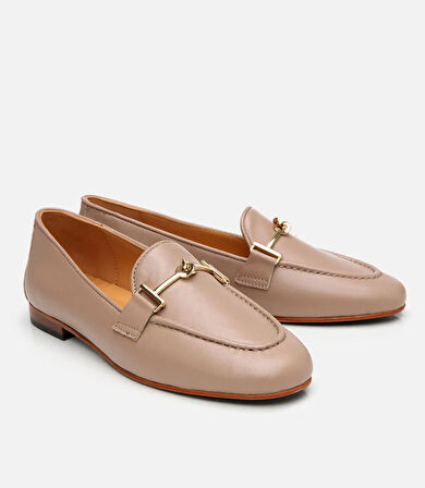 Kadın Deri Bej Tokalı Klasik Loafer