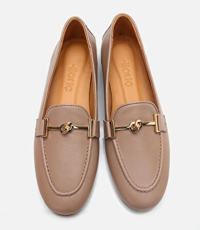Kadın Deri Bej Tokalı Klasik Loafer