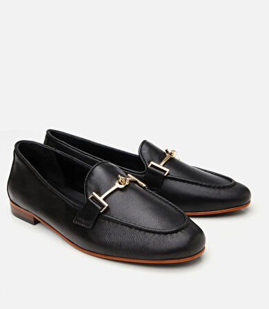 Kadın Deri Siyah Tokalı Klasik Loafer