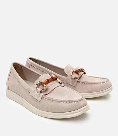 Kadın Süet Deri Bej Tokalı Günlük Loafer