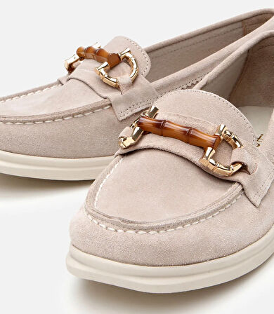 Kadın Süet Deri Bej Tokalı Günlük Loafer