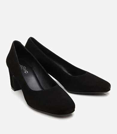 Kadın Süet Deri Siyah Rahat Kalın Topuklu Ayakkabı