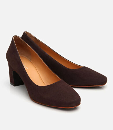 Kadın Süet Deri Kahverengi Rahat Kalın Topuklu Ayakkabı