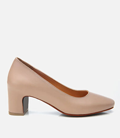 Kadın Deri Bej Rahat Kalın Topuklu Ayakkabı