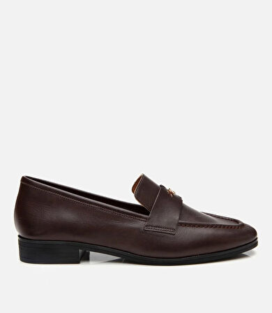 Kadın Deri Kahverengi Logo Detaylı Loafer