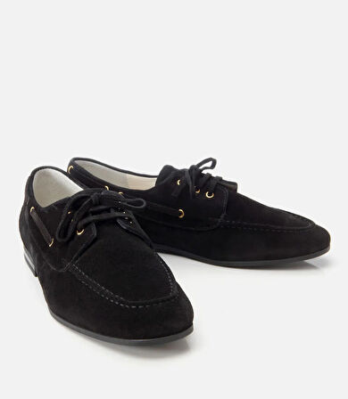 Kadın Süet Deri Siyah Bağcık Detaylı Günlük Loafer