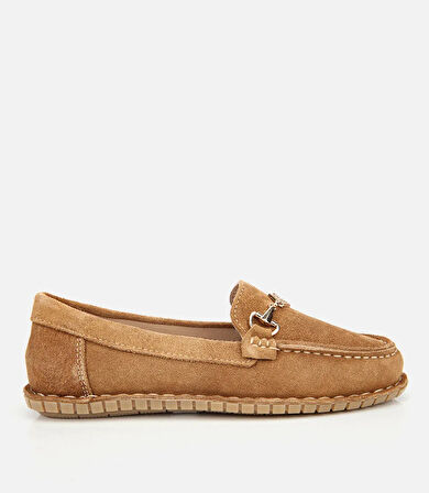 Kadın Süet Deri Taba Esnek Tabanlı Tokalı Günlük Loafer