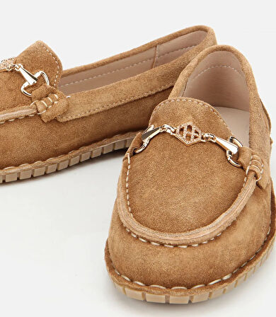 Kadın Süet Deri Taba Esnek Tabanlı Tokalı Günlük Loafer