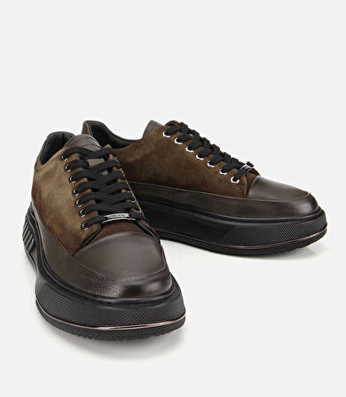 Erkek  Süet Deri Haki Yüksek Tabanlı Spor Ayakkabı