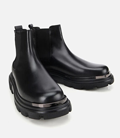 Erkek Deri Siyah Lastik Detaylı Yüksek Tabanlı Chelsea Bot