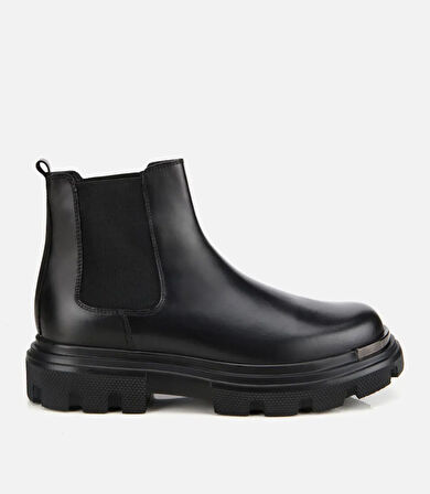 Erkek Deri Siyah Lastik Detaylı Yüksek Tabanlı Chelsea Bot