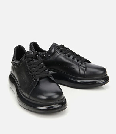 Erkek Deri Siyah Yüksek Tabanlı Spor Ayakkabı