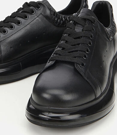 Erkek Deri Siyah Yüksek Tabanlı Spor Ayakkabı