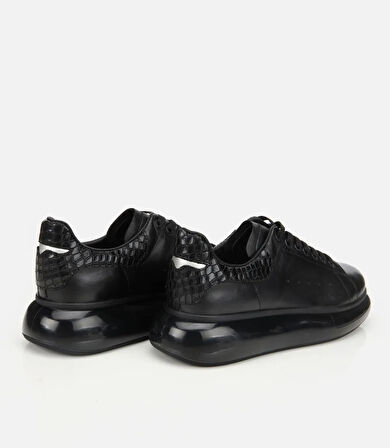 Erkek Deri Siyah Yüksek Tabanlı Spor Ayakkabı