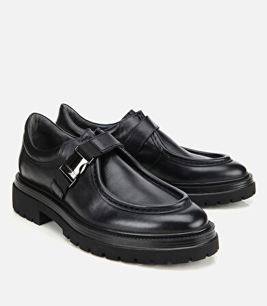 Erkek Deri Siyah Metal Tokalı Klasik Loafer