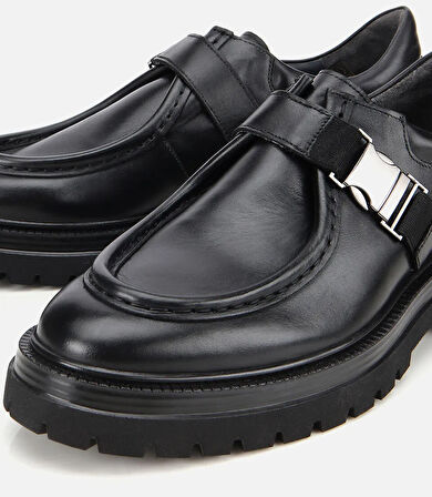 Erkek Deri Siyah Metal Tokalı Klasik Loafer