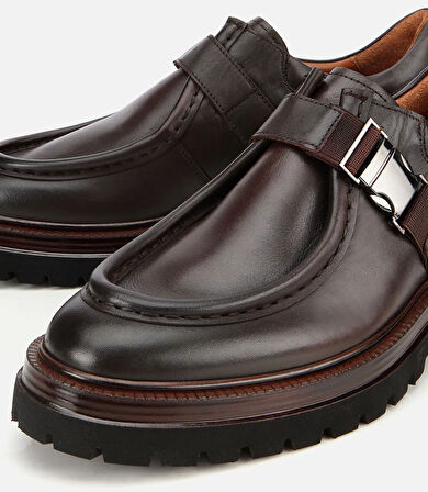 Erkek Deri Kahverengi Metal Tokalı Klasik Loafer