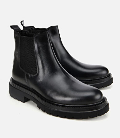 Erkek Deri Siyah Lastik Detaylı Kalın Tabanlı Chelsea Bot