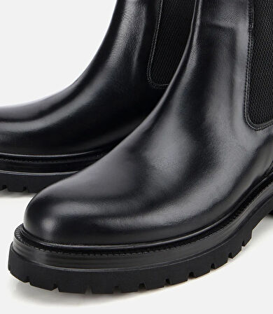 Erkek Deri Siyah Lastik Detaylı Kalın Tabanlı Chelsea Bot