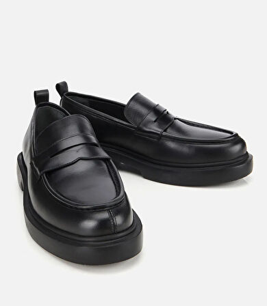 Erkek Deri Siyah Yüksek Tabanlı Klasik Loafer