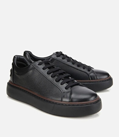 Erkek Deri Siyah Kalın Tabanlı Spor Ayakkabı