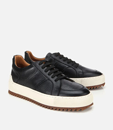 Erkek Deri Siyah Yumuşak Dokulu Kalın Tabanlı Spor Ayakkabı