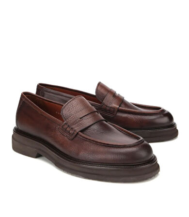 Erkek Deri Kahverengi Yumuşak Dokulu Kalın Tabanlı Klasik Loafer
