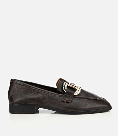 Kadın Deri Kahverengi Tokalı Klasik Loafer