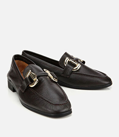 Kadın Deri Kahverengi Tokalı Klasik Loafer