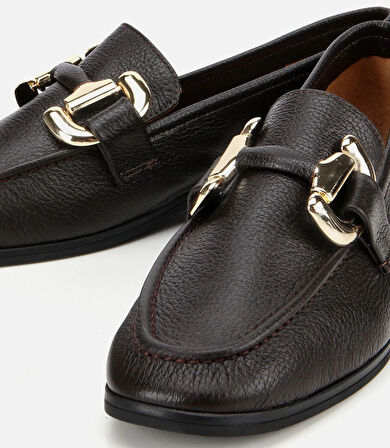 Kadın Deri Kahverengi Tokalı Klasik Loafer