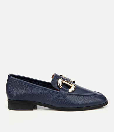 Kadın Deri Lacivert Tokalı Klasik Loafer