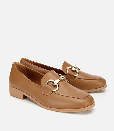 Kadın Deri Kahverengi Tokalı Klasik Loafer
