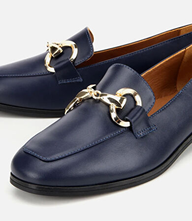 Kadın Deri Lacivert Tokalı Klasik Loafer