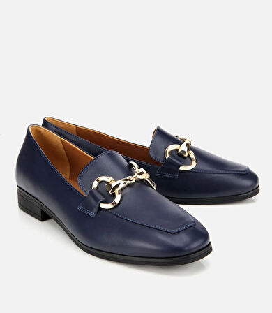 Kadın Deri Lacivert Tokalı Klasik Loafer