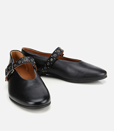 Kadın Deri Siyah Mary Jane Kemerli Babet