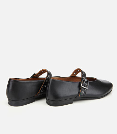 Kadın Deri Siyah Mary Jane Kemerli Babet