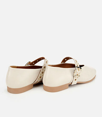 Kadın Deri Ekru Mary Jane Kemerli Babet