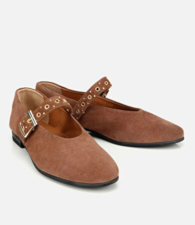 Kadın Süet Deri Açık Kahverengi Mary Jane Kemerli Babet
