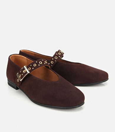 Kadın Süet Deri Kahverengi Mary Jane Kemerli Babet