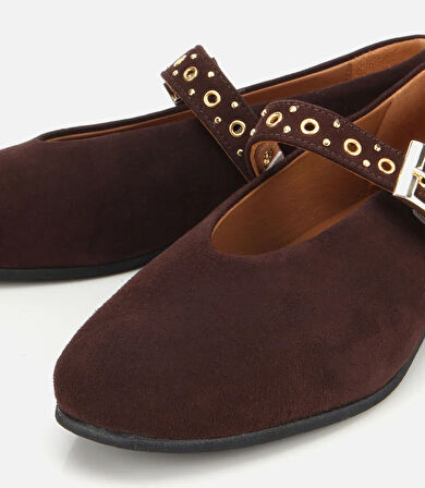 Kadın Süet Deri Kahverengi Mary Jane Kemerli Babet