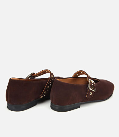 Kadın Süet Deri Kahverengi Mary Jane Kemerli Babet