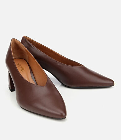 Kadın Deri Kahverengi Kalın Topuklu Ayakkabı