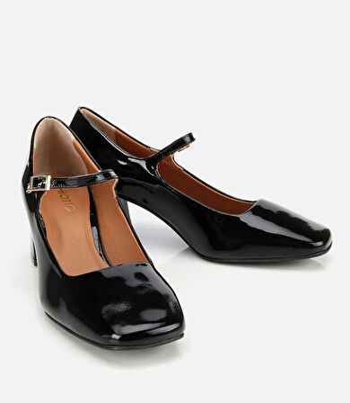 Kadın Rugan Deri Sİyah Mary Jane Kalın Topuklu Ayakkabı